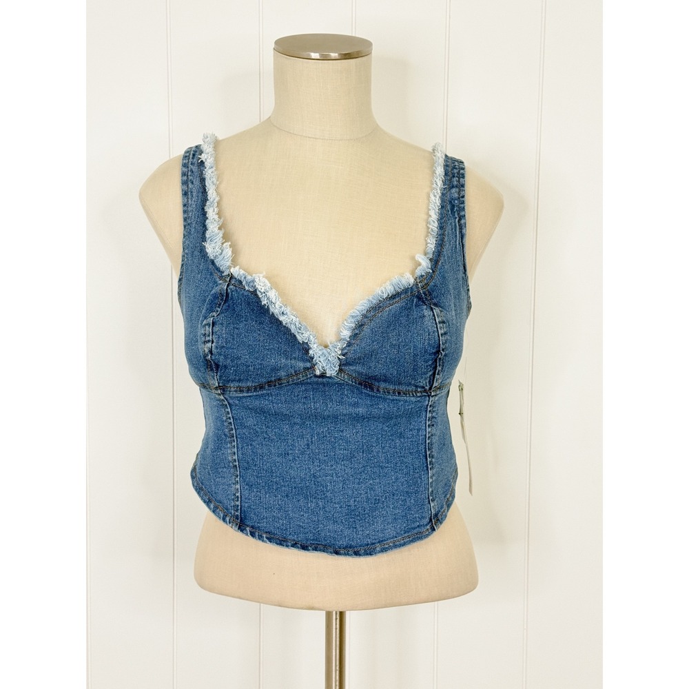 Tinseltown Frayed Denim Bustier Top NWT Women Medium Blue Boho Y2K Festival